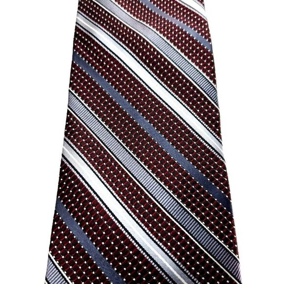 Pronto Uomo Silk‎ Tie Woven Red Silver Striped Polka Dot Skinny - Picture 2 of 6
